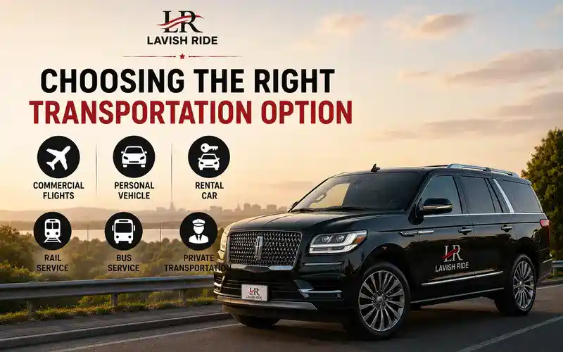 Black Lincoln Navigator comparing transportation options including commercial flights, personal vehicles, rental cars, rail service, bus service, and private transportation for long-distance travel.